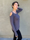 women's plant based stretchy rayon jersey long sleeve peekaboo shoulder steel grey top with thumbholes #color_steel