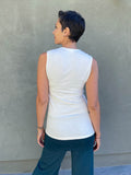 women's plant based rayon jersey sleeveless top with criss cross front detail #color_off-white