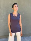 women's plant based rayon jersey sleeveless top with criss cross front detail #color_steel
