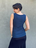 women's plant based rayon jersey navy blue top with ruching on sides and slight cowl neck #color_navy