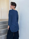 women's lightweight plant-based rayon jersey v-neck loose fit 3/4 sleeve navy blue kurta style tunic #color_navy