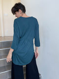 women's lightweight plant-based rayon jersey v-neck loose fit 3/4 sleeve teal blue kurta style tunic #color_teal