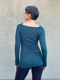 women's plant based rayon jersey long sleeve teal blue top with slight cowl neck and side ruching #color_teal