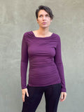 women's plant based rayon jersey long sleeve purple top with slight cowl neck and side ruching #color_jam