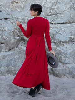 Stretchy Long Sleeve Wrap Style Maxi Dress