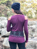 women's plant based stretchy rayon jersey long sleeve peekaboo shoulder purple top with thumbholes #color_jam