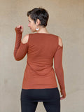 women's plant based stretchy rayon jersey long sleeve peekaboo shoulder burnt orange top with thumbholes #color_copper