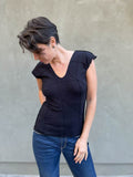 women's plant based rayon jersey stretchy textured cap sleeve black v-neck t-shirt #color_black