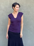 women's plant based rayon jersey stretchy textured cap sleeve purple v-neck t-shirt #color_plum
