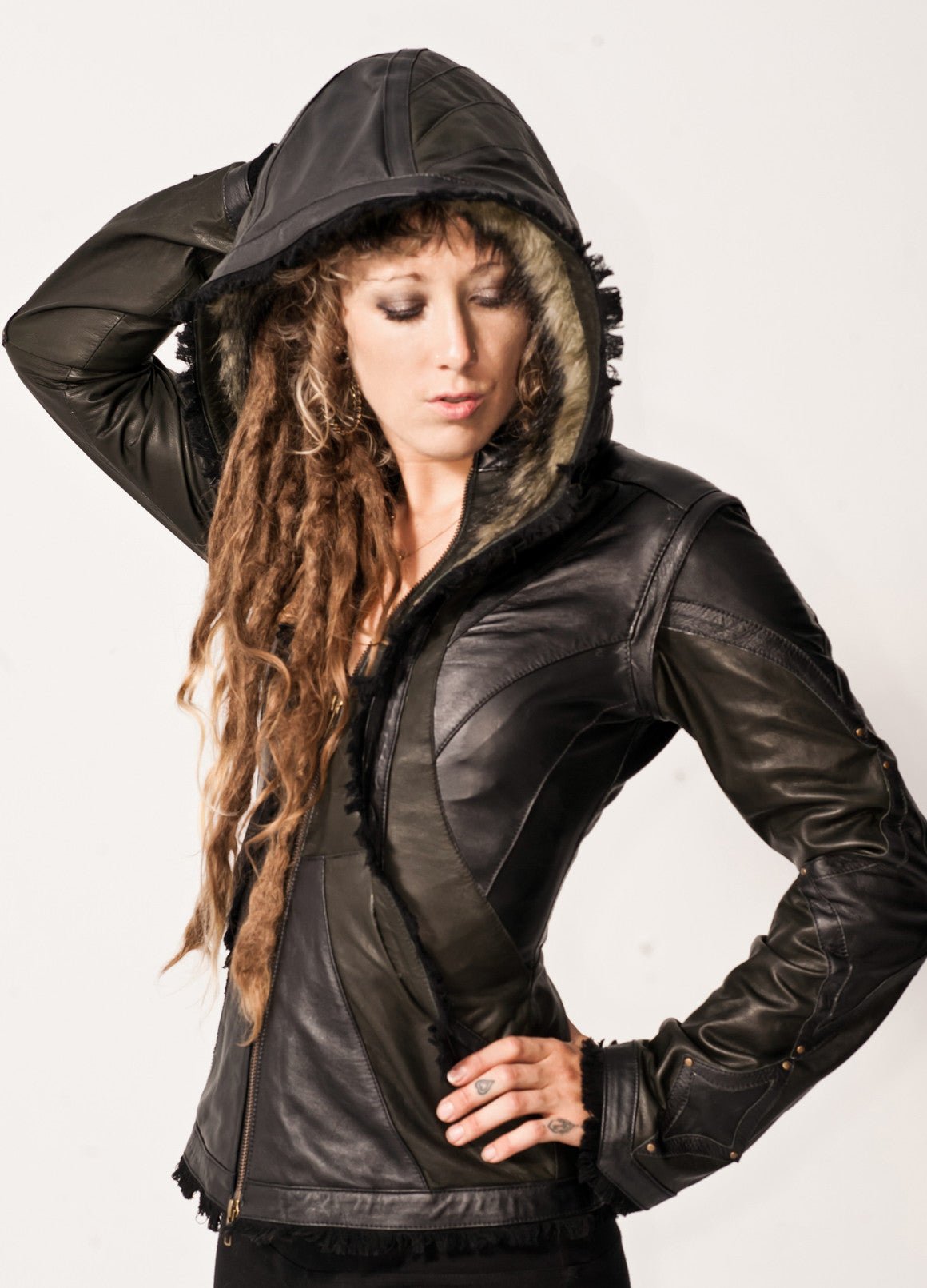 Women's Leather Hoodie Jacket [Black]